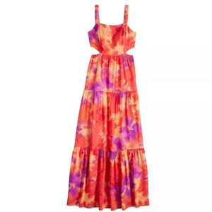 Juniors' SO® Tropical pink & Orange long Tiered Side Cutout Maxi Dress XS NWT